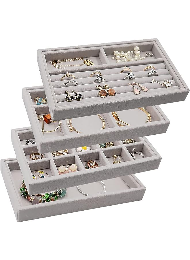 IAF Stackable Jewelry Organizer Trays Drawer Inserts ,Velvet Earring Display Trays, Box Ring Holder Necklace Case, Storage for Bracelet Brooch Watch, Set of 4 (Gray) - Image 1