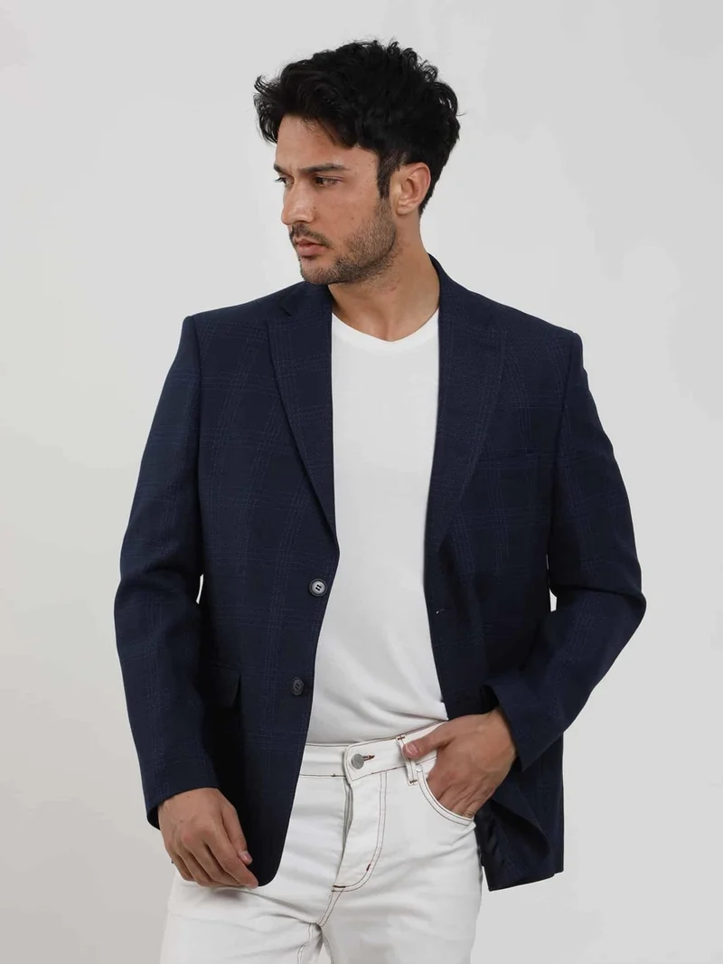 دوفي Navy Blue Men's Regular Fit Plaid Patterned Mono Collar Jacket - 84334