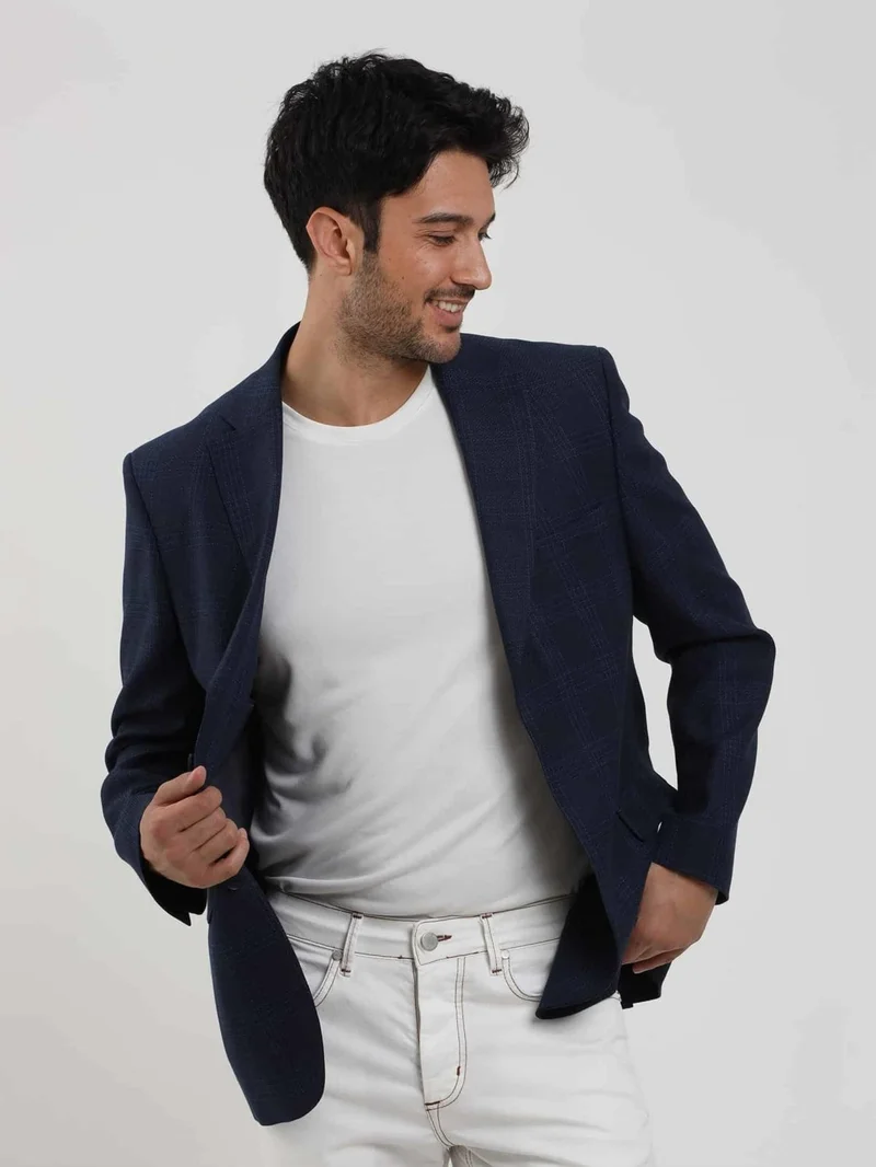 دوفي Navy Blue Men's Regular Fit Plaid Patterned Mono Collar Jacket - 84334