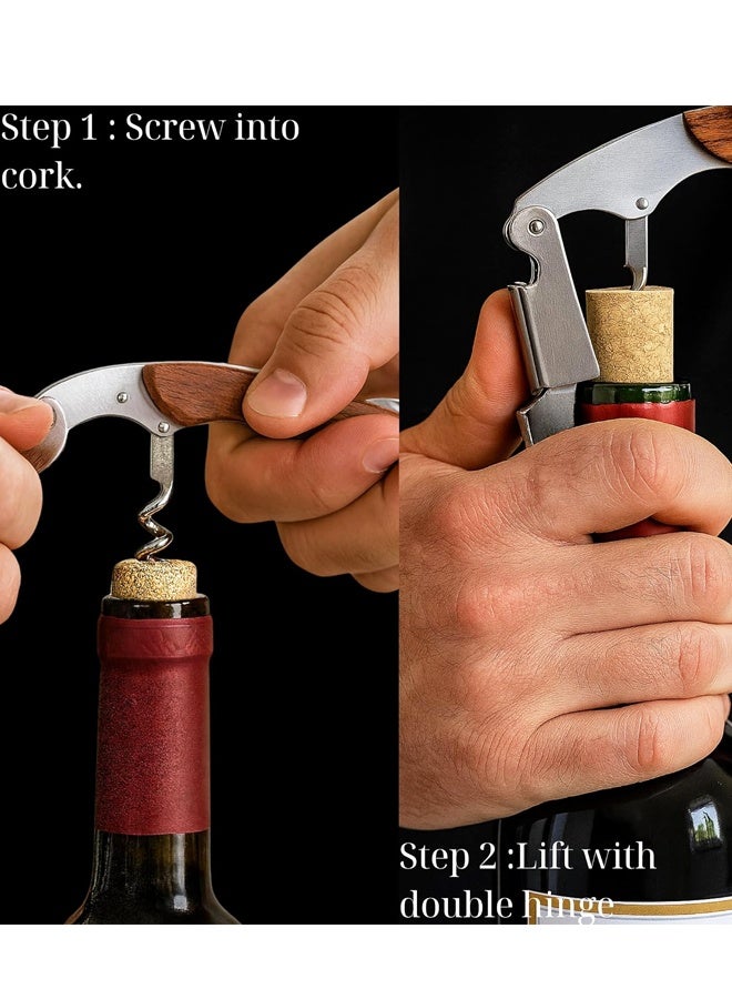 فتاحة نبيذ بمفصلة مزدوجة مع مقبض خشبي وحافظة جلدية، مفتاح نبيذ متين من الفولاذ المقاوم للصدأ للبار والمطعم والمنزل - Image 4