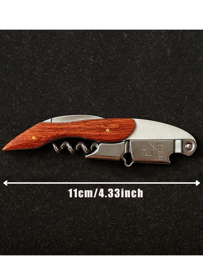 فتاحة نبيذ بمفصلة مزدوجة مع مقبض خشبي وحافظة جلدية، مفتاح نبيذ متين من الفولاذ المقاوم للصدأ للبار والمطعم والمنزل - Image 2