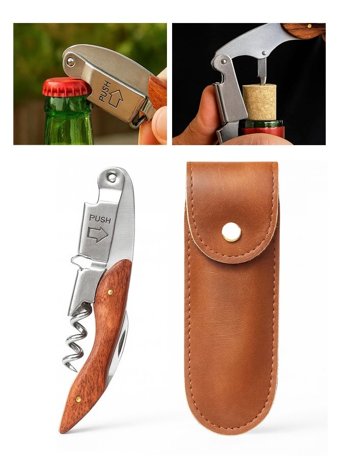 فتاحة نبيذ بمفصلة مزدوجة مع مقبض خشبي وحافظة جلدية، مفتاح نبيذ متين من الفولاذ المقاوم للصدأ للبار والمطعم والمنزل - Image 1