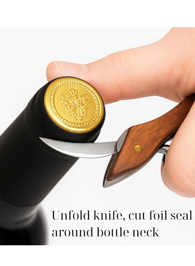 فتاحة نبيذ بمفصلة مزدوجة مع مقبض خشبي وحافظة جلدية، مفتاح نبيذ متين من الفولاذ المقاوم للصدأ للبار والمطعم والمنزل - Image 3
