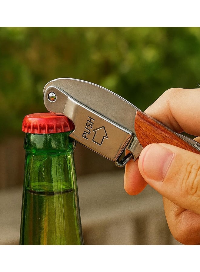 فتاحة نبيذ بمفصلة مزدوجة مع مقبض خشبي وحافظة جلدية، مفتاح نبيذ متين من الفولاذ المقاوم للصدأ للبار والمطعم والمنزل - Image 5