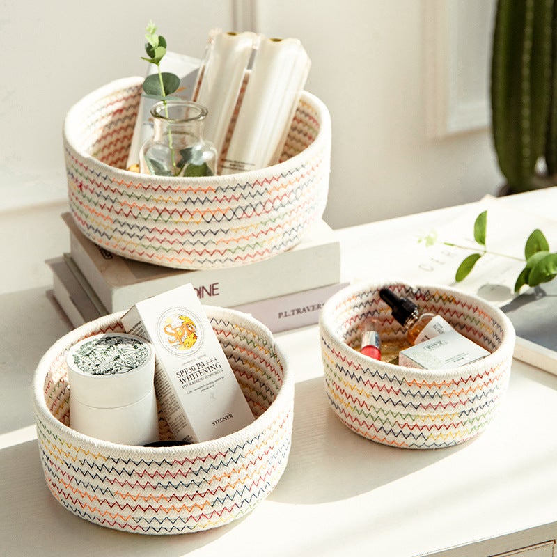 Handwoven Cotton Storage Basket Organizer for Cosmetics Jewelry Remote Control Desk Tidying Basket - Image 1