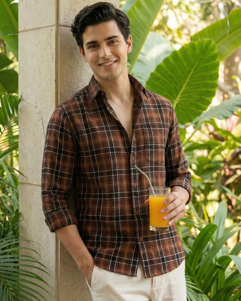 بيواكوف Men's Brown Checked Shirt