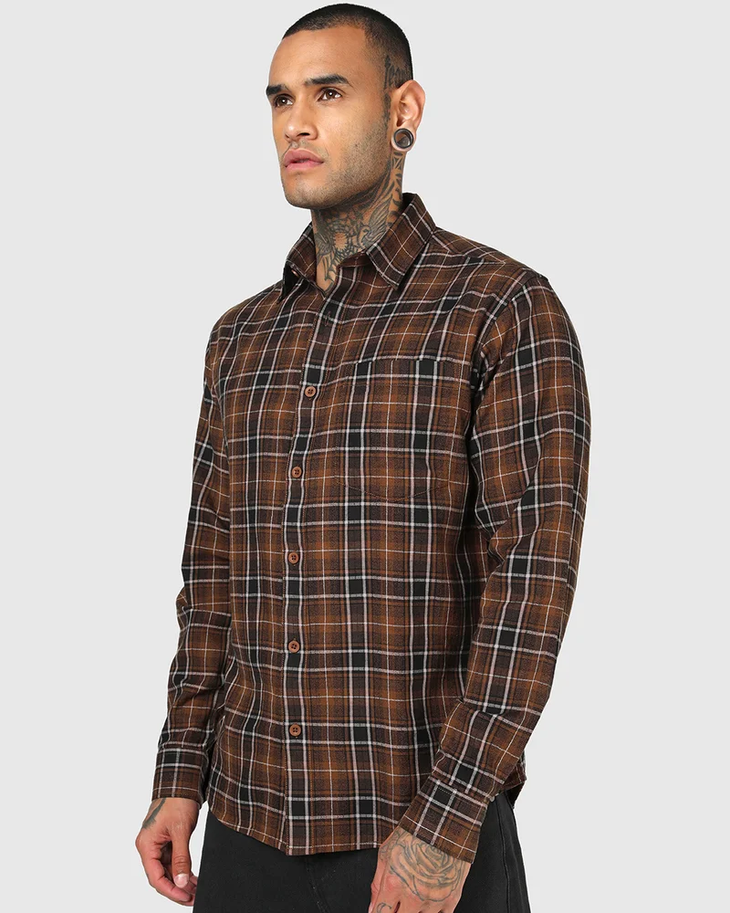 بيواكوف Men's Brown Checked Shirt