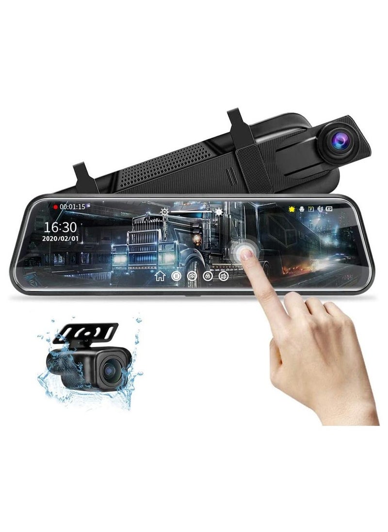 10-inch Mirror Dash Cam Night Vision, 1080P Full Touch Screen Front and Rear View Backup Camera for Cars, Loop Recording Streaming Media 170° Wide Angle Parking Assistance with 10 Meters Cable - Image 1