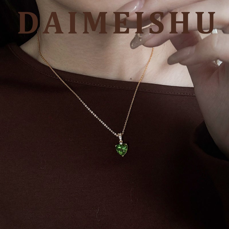 Vintage Heart Green Zircon Pendant Necklace - Elegant Choker for Women - Image 3