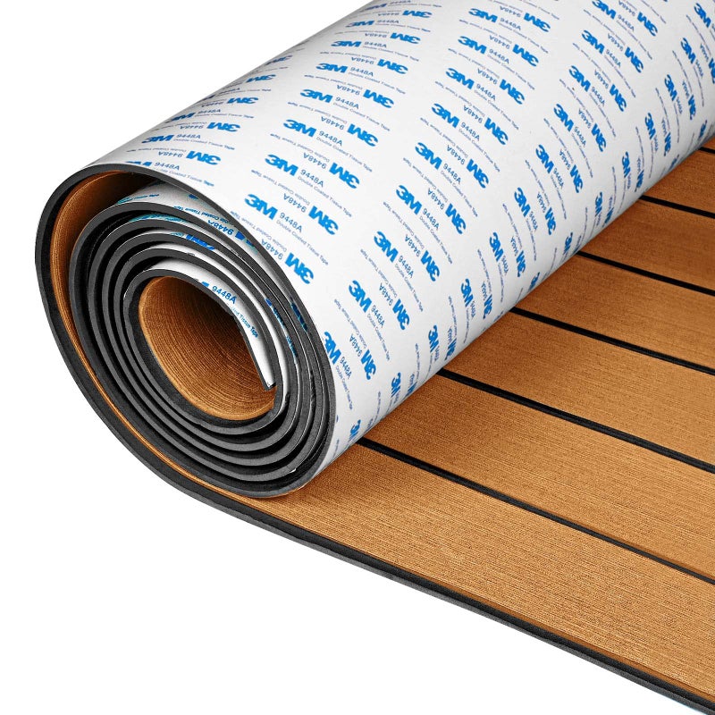 OCEANBROAD SelfAdhesive 96x288 Boat Flooring with 3M Adhesive Backing EVA Foam Boat Decking Faux Teak Marine NonSlip Sheet for Jon Motor Boats Yacht Helm Pad Floor Brown with Black Seam Lines