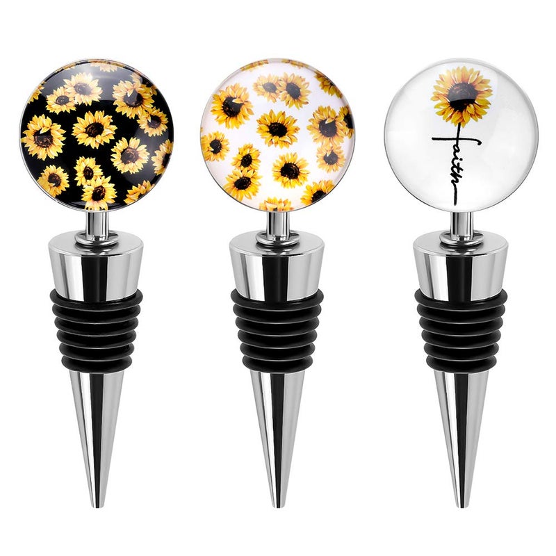 Soleebee 3 Pack Decorative Wine Stoppers Wine Bottle Stopper with Beautiful Art GlassBeverage Bottle Stoppers For Gifts Bar Holiday Party Wedding Sunflower