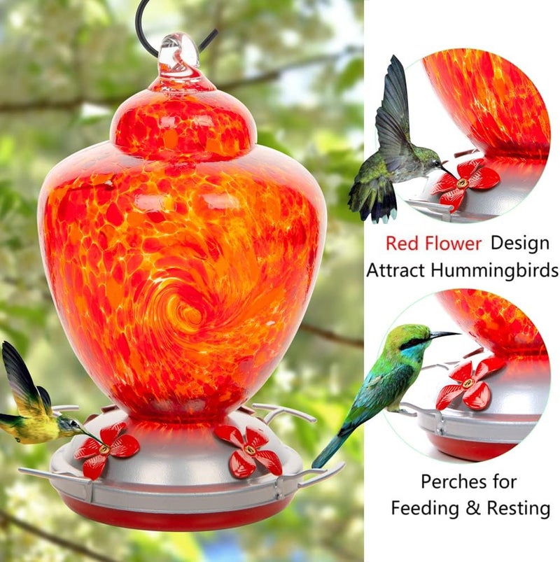REZIPO Hummingbird Feeder with Perch - Hand Blown Glass - Red - 22 Fluid Ounces Hummingbird Nectar Capacity Include Hanging Wires and Moat Hook (Blue) - Image 3