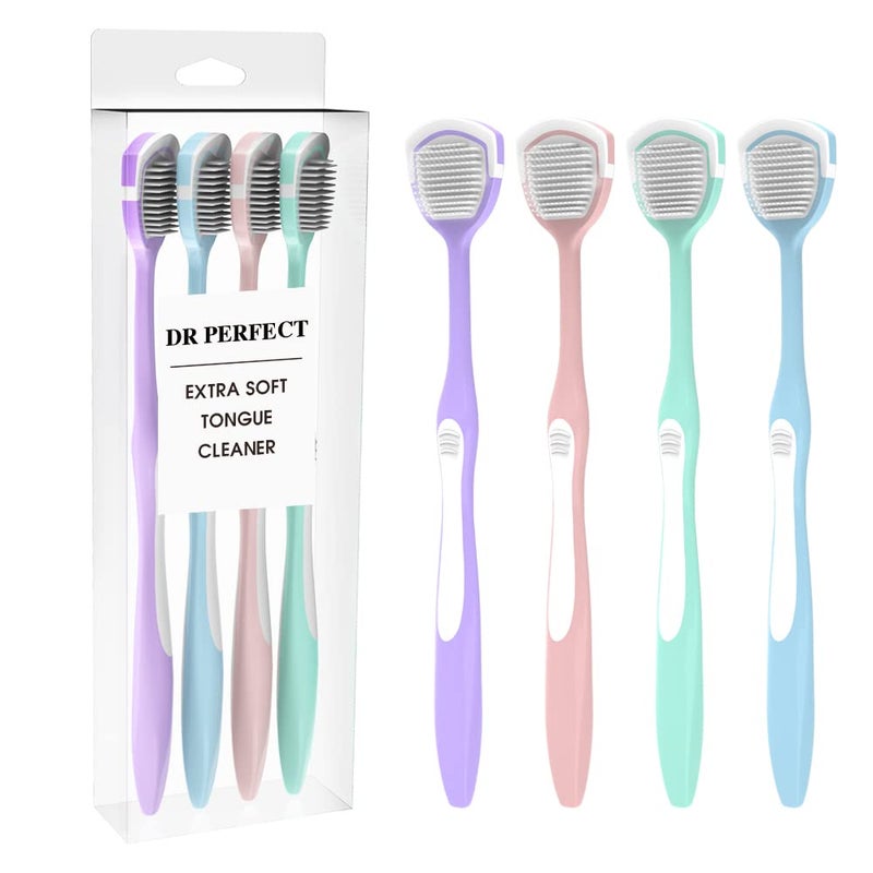 DR PERFECT Soft Tongue Brush Scraper Cleaner Helps Fight Bad Breath Clean Your Tongue Without Hurt Pack Of 4 GREEN PURPLE BLUE PINK