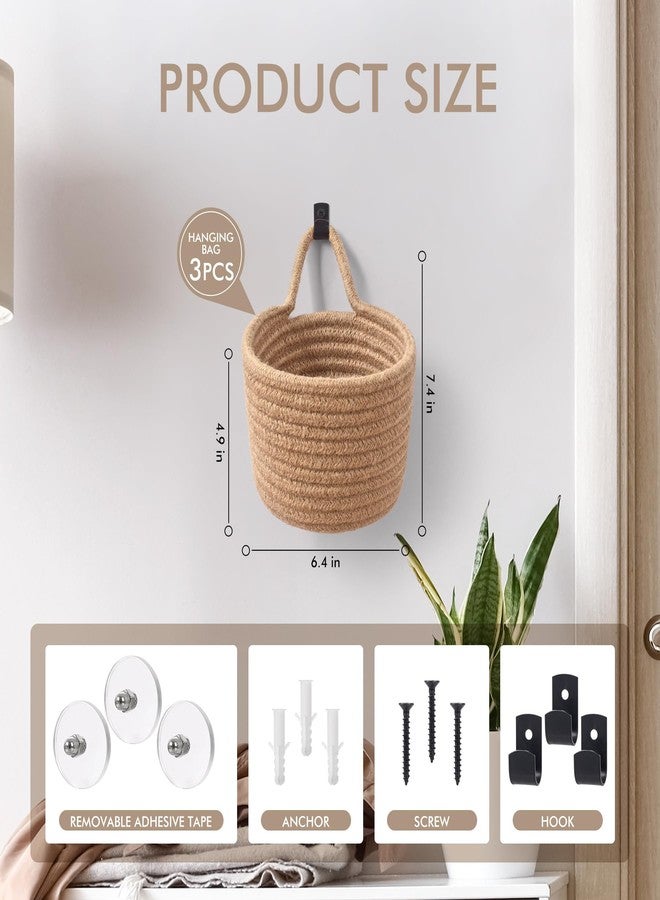 LIGHT DUST Fabric Wall Hanging Baskets - 3Pack Woven Pouchs Boho Style Wall Mounted Bag with Adhesive Hooks, Storage Organizers and Decoration Pocket Caddy Bins on Door Rack (Linen & Black, Large) - Image 2