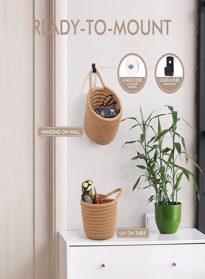LIGHT DUST Fabric Wall Hanging Baskets - 3Pack Woven Pouchs Boho Style Wall Mounted Bag with Adhesive Hooks, Storage Organizers and Decoration Pocket Caddy Bins on Door Rack (Linen & Black, Large) - Image 4