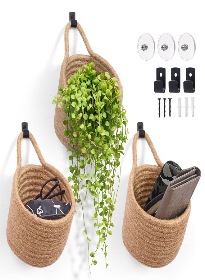 LIGHT DUST Fabric Wall Hanging Baskets - 3Pack Woven Pouchs Boho Style Wall Mounted Bag with Adhesive Hooks, Storage Organizers and Decoration Pocket Caddy Bins on Door Rack (Linen & Black, Large) - Image 1