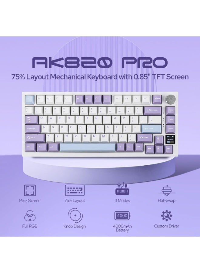 A-jazz AJAZ AK820 Pro Flying Fish Switch Magnetic Wireless Mechanical Keyboard with Smart TFT Display, Grip, Gasket-Studded Gaming Keyboard, Bluetooth/2.4GHz/USB-C Wired Sound-Isolating RGB Backlit Mechanical Keyboard for PC/Mac, White/Purple - Image 2