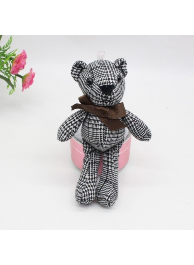 Houndstooth Bowen Bear Doll Bow Tie Teddy Bear Keychain Pendant Fabric Long-legged Bear Plush Toy Doll-Color:Gray White Plaid Without Hand Rope-Height:15cm Small  - Image 1