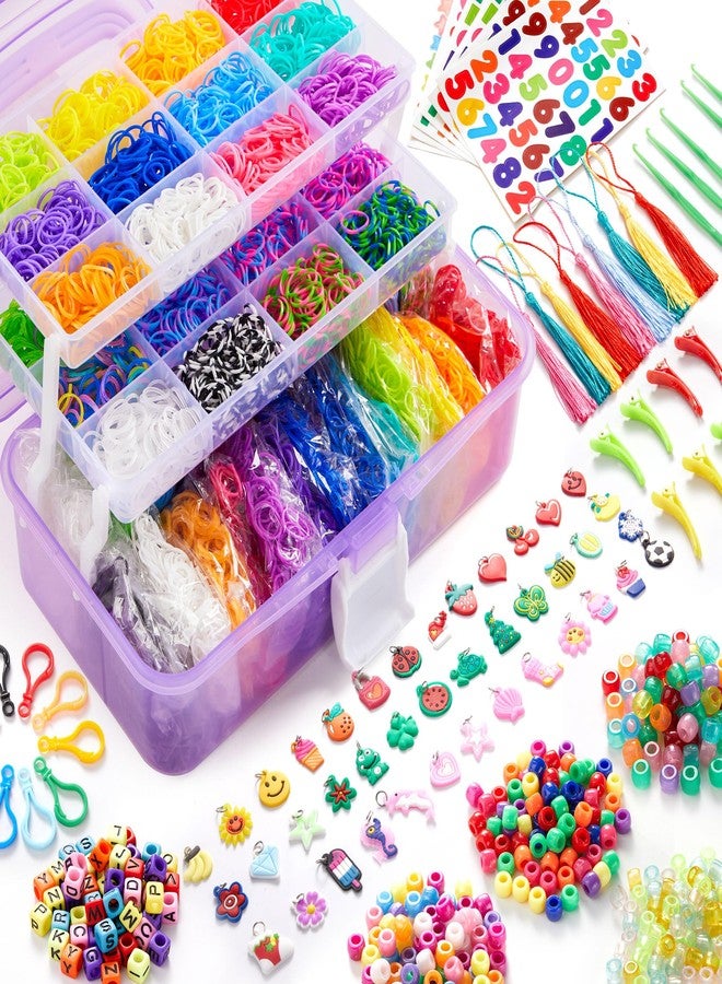 INSCRAFT 17490+ Rubber Loom Bands, 28 Colors Bracelet Making Refill Kit, with 3-Layer Container, 600 S-Clips, 352 Beads, 40 Cartoon Charms, Christmas Birthday Gift for Girls Boys Kids - Image 1
