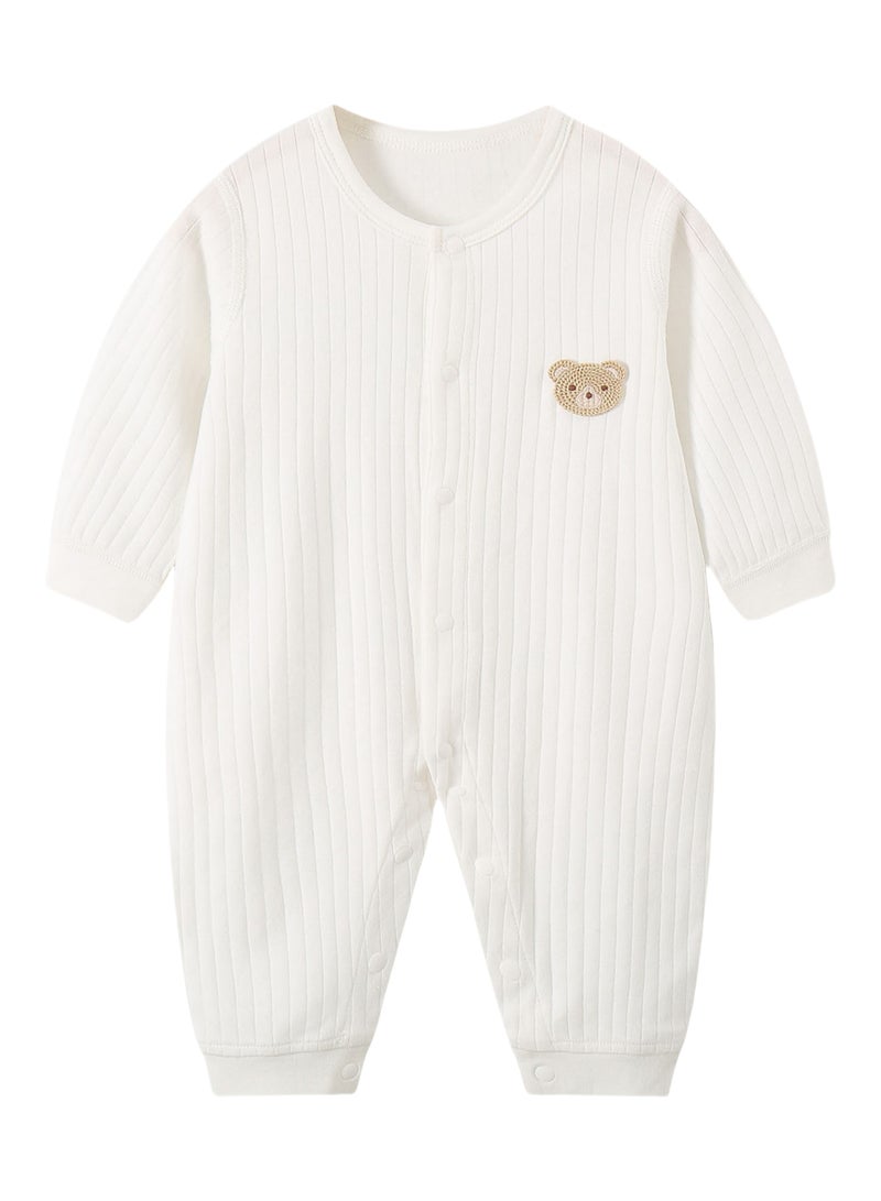 Baby Long Sleeve Romper - 100% Cotton Jacquard Knit, Full Front Snap, Embroidered Bear, Soft & Breathable - For 3-18 Months  - Image 2