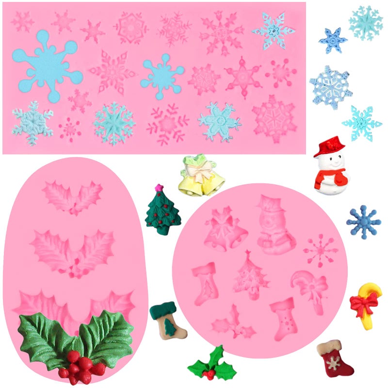 ywzbomoldrm Christmas Snowflake Fondant Silicone Molds 3 Pcs  Christmas Holly Leaf Sock Walking Stick Chocolate Mold for Cake Decoration Candy Sugar Cupcake Topper Polymer Clay Crafts - Image 1