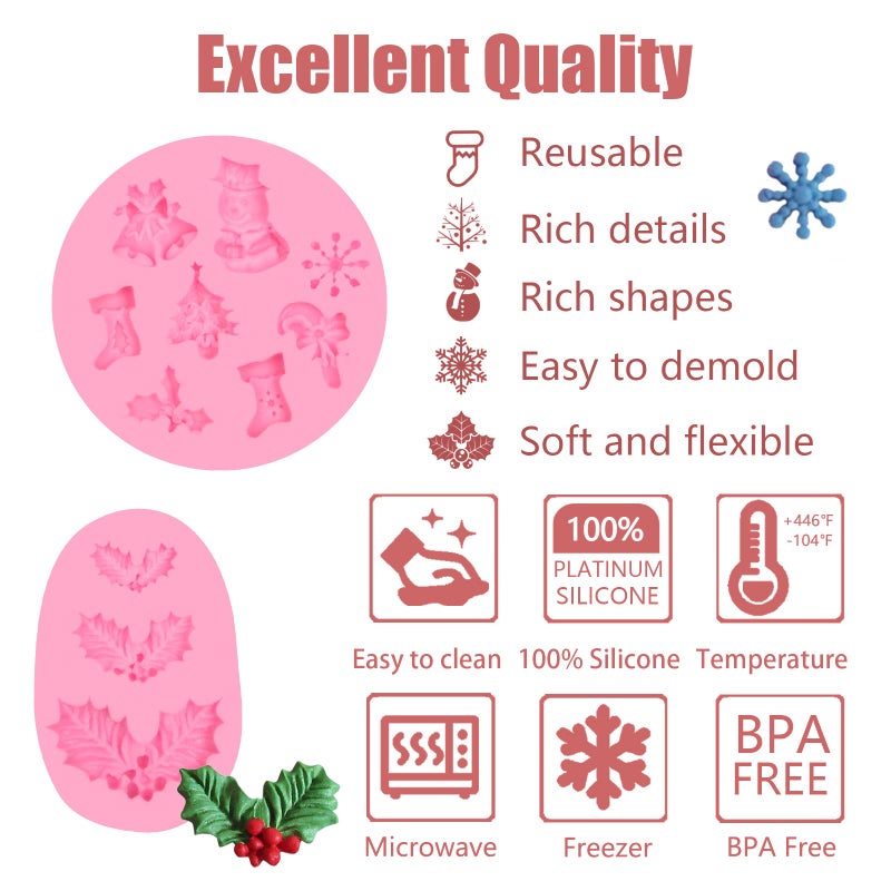 ywzbomoldrm Christmas Snowflake Fondant Silicone Molds 3 Pcs  Christmas Holly Leaf Sock Walking Stick Chocolate Mold for Cake Decoration Candy Sugar Cupcake Topper Polymer Clay Crafts - Image 2