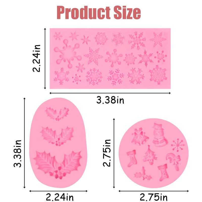 ywzbomoldrm Christmas Snowflake Fondant Silicone Molds 3 Pcs  Christmas Holly Leaf Sock Walking Stick Chocolate Mold for Cake Decoration Candy Sugar Cupcake Topper Polymer Clay Crafts - Image 3