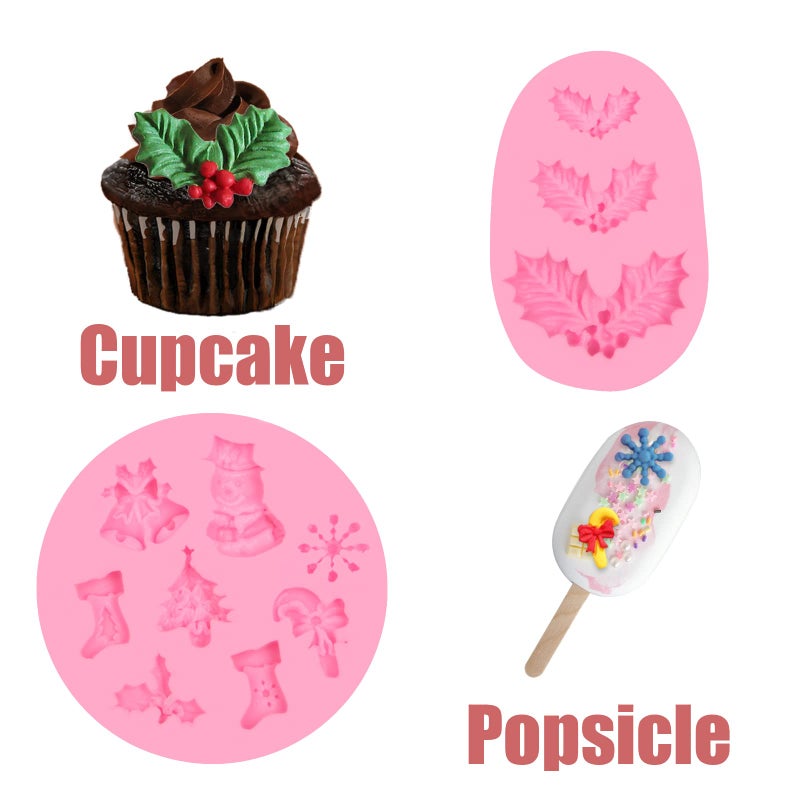 ywzbomoldrm Christmas Snowflake Fondant Silicone Molds 3 Pcs  Christmas Holly Leaf Sock Walking Stick Chocolate Mold for Cake Decoration Candy Sugar Cupcake Topper Polymer Clay Crafts - Image 5