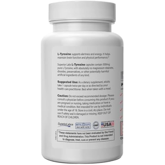 Superior Labs L-Tyrosine 500 mg, Pure Non-GMO Nootropic Amino Acid, High Absorption, Mood & Focus Support, Stress Relief, Cognitive & Mental Clarity, Thyroid & Alertness Support,120 Veg Caps - Image 2
