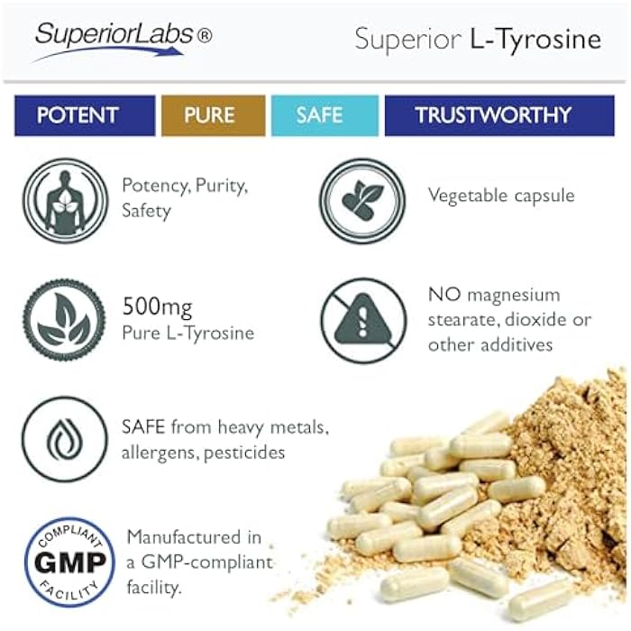 Superior Labs L-Tyrosine 500 mg, Pure Non-GMO Nootropic Amino Acid, High Absorption, Mood & Focus Support, Stress Relief, Cognitive & Mental Clarity, Thyroid & Alertness Support,120 Veg Caps - Image 5