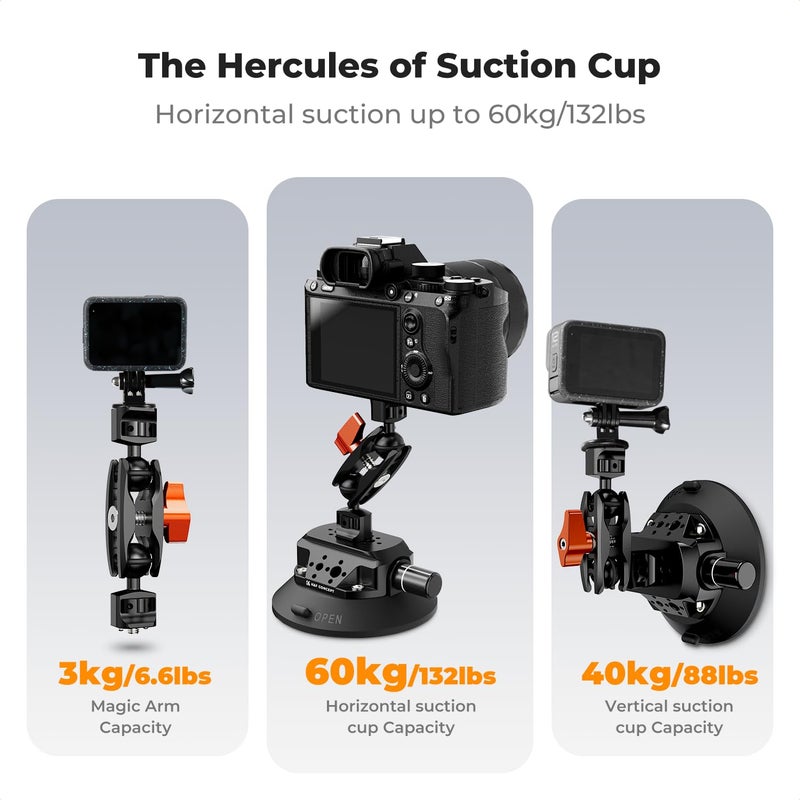 K&F CONCEPT 4.5" Suction Cup Camera Mount with Magic Arm, ARRI Style 1/4" 3/8" Threads, Quick Release Car Mount Compatible with Gopro DJI Insta360 for DSLR Action Camera Phone Video Shooting - Image 3