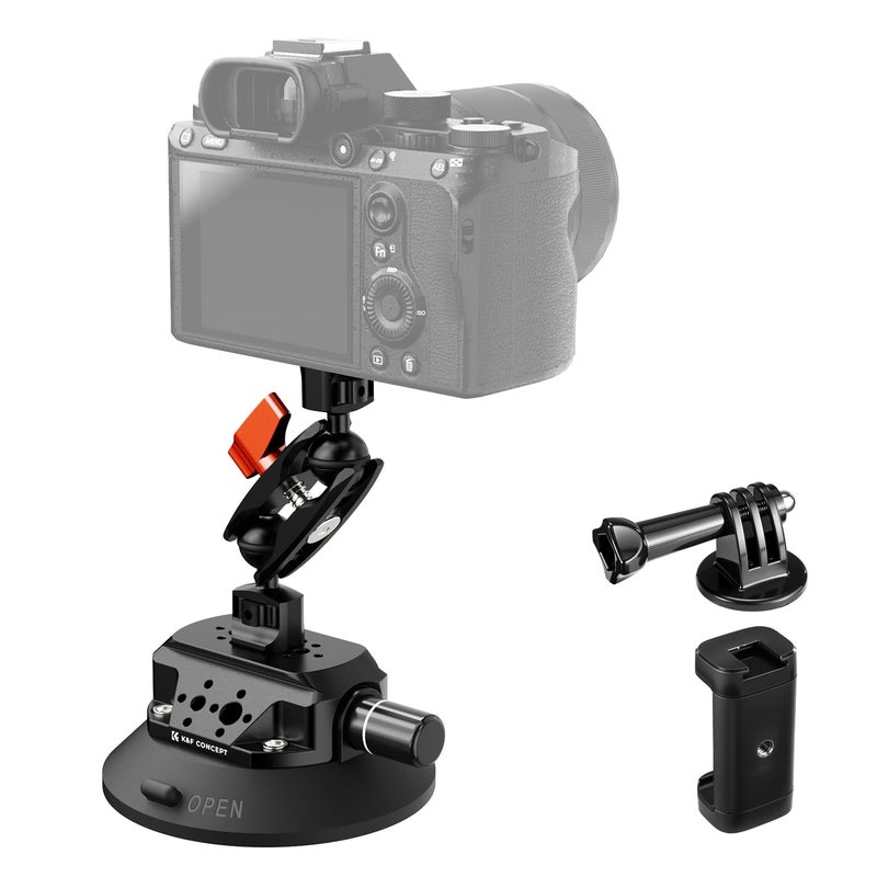 K&F CONCEPT 4.5" Suction Cup Camera Mount with Magic Arm, ARRI Style 1/4" 3/8" Threads, Quick Release Car Mount Compatible with Gopro DJI Insta360 for DSLR Action Camera Phone Video Shooting - Image 1
