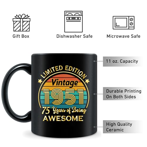 QUPT 75th Birthday Gifts for Women Men, 75th Birthday Gifts for Him, 1951 Birthday Gifts for Women Men, 75 Years Old Gifts, 1951 Birthday Gifts for Her Him, 75th Birthday Presents Coffee Mug - Image 3