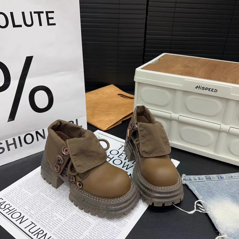 European Genuine Leather Big Head Martin Boots Women'S New Vintage Lapel Two-Wear Button Muffin Thick Bottom Rhubarb Boots Tooling Boots - Image 3