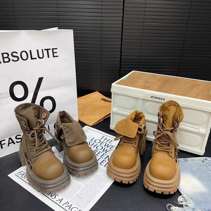 European Genuine Leather Big Head Martin Boots Women'S New Vintage Lapel Two-Wear Button Muffin Thick Bottom Rhubarb Boots Tooling Boots - Image 2