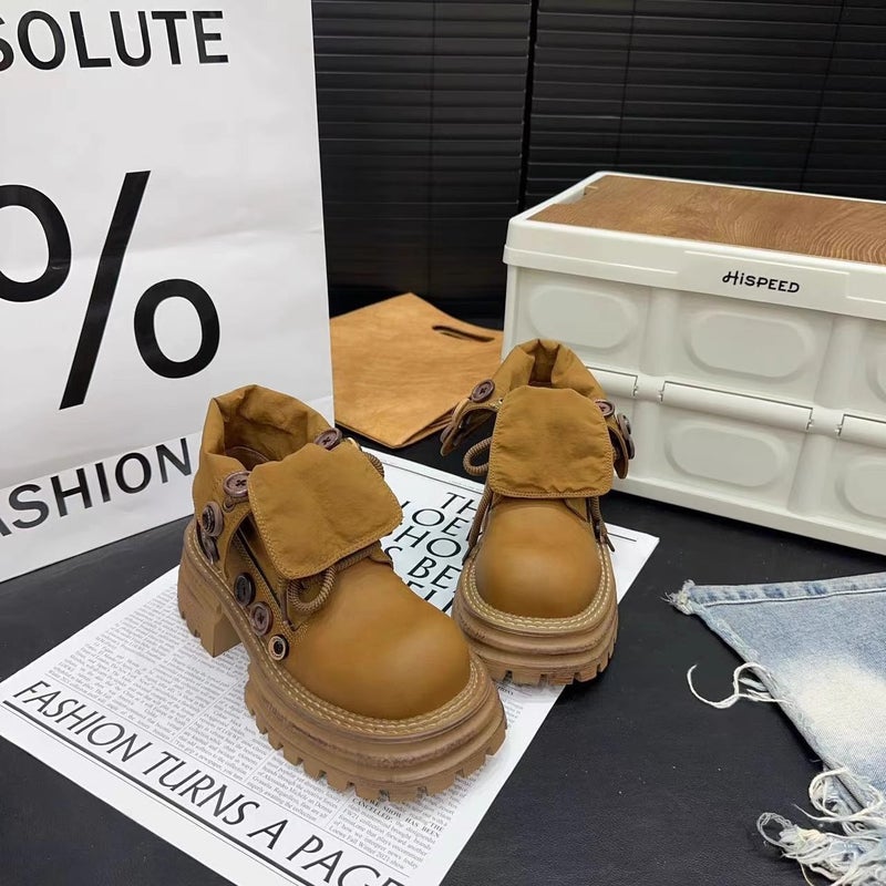 European Genuine Leather Big Head Martin Boots Women'S New Vintage Lapel Two-Wear Button Muffin Thick Bottom Rhubarb Boots Tooling Boots - Image 4