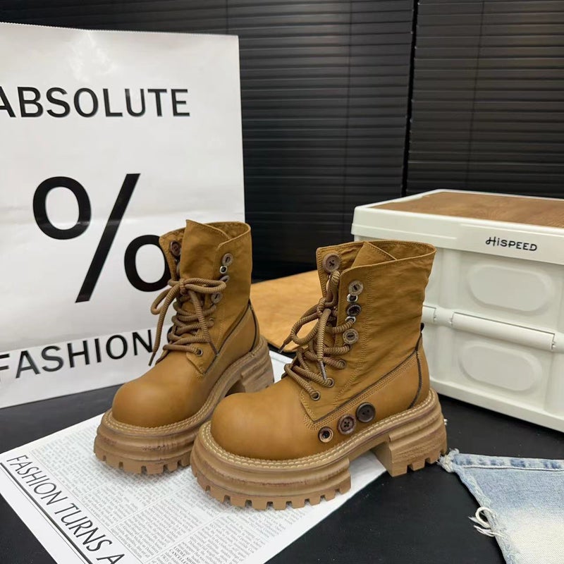 European Genuine Leather Big Head Martin Boots Women'S New Vintage Lapel Two-Wear Button Muffin Thick Bottom Rhubarb Boots Tooling Boots - Image 1