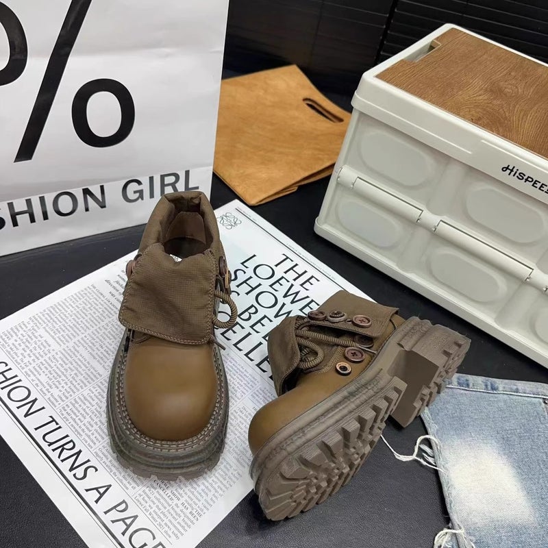 European Genuine Leather Big Head Martin Boots Women'S New Vintage Lapel Two-Wear Button Muffin Thick Bottom Rhubarb Boots Tooling Boots - Image 5