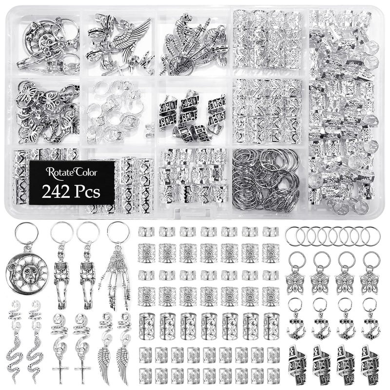 ROTATE COLOR Hair Jewelry Hair Jewelry for Braids Accessories Gold Hair Cuffs Soft Lightweight Hair Charms Sturdy Adjustable Hair Rings Hair Cuffs Gold Hair Clips for Braids 242PcsSilver 