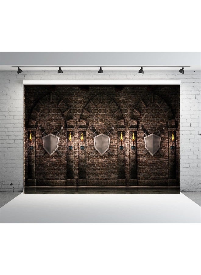 20x10ft Fabric Gothic Castle Backdrop Medieval Castle Ancient Brick Stone Wall Arches with Swords Shield Torches Prison Dungeon Evil Background Medieval Castle Party Decorations Photo Props