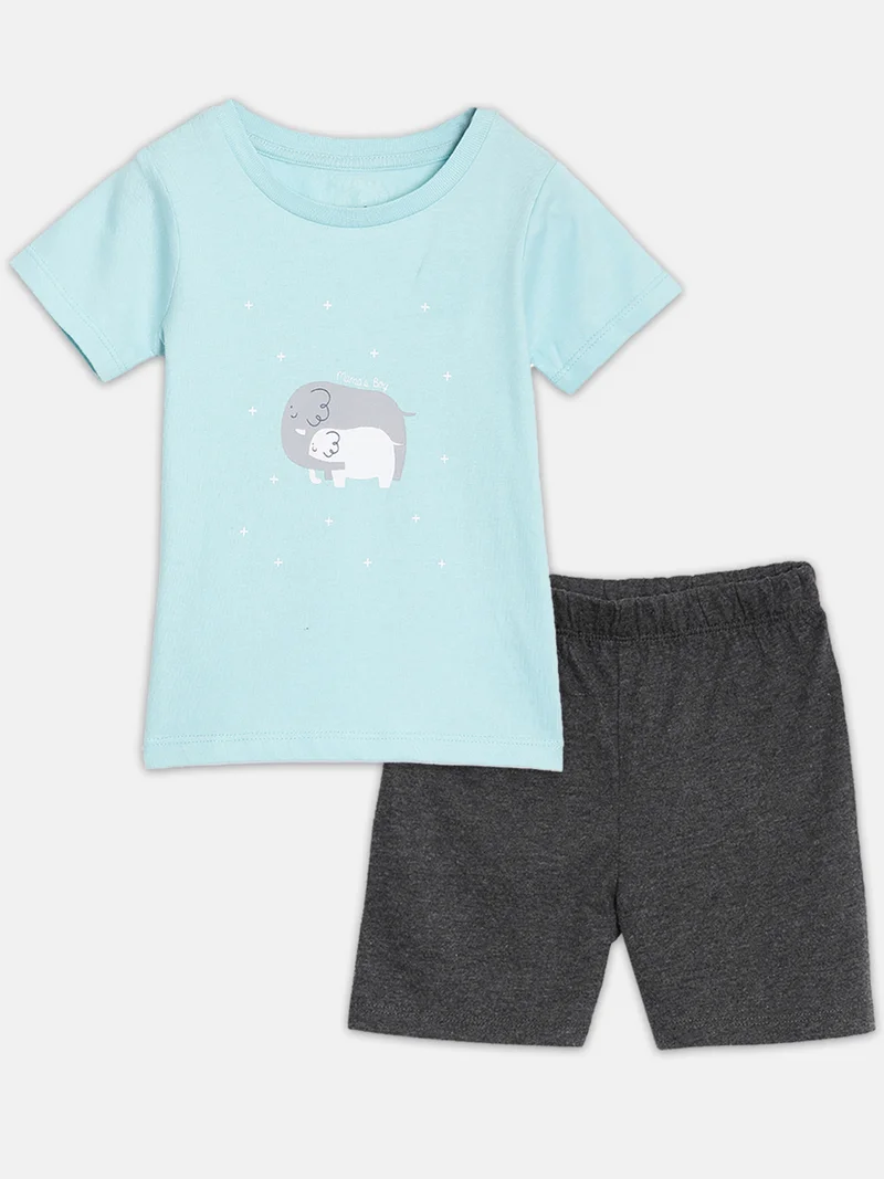 Broon Broon Infant Boys Blue and Black Printed Organic Cotton T-shirt with Shorts Set