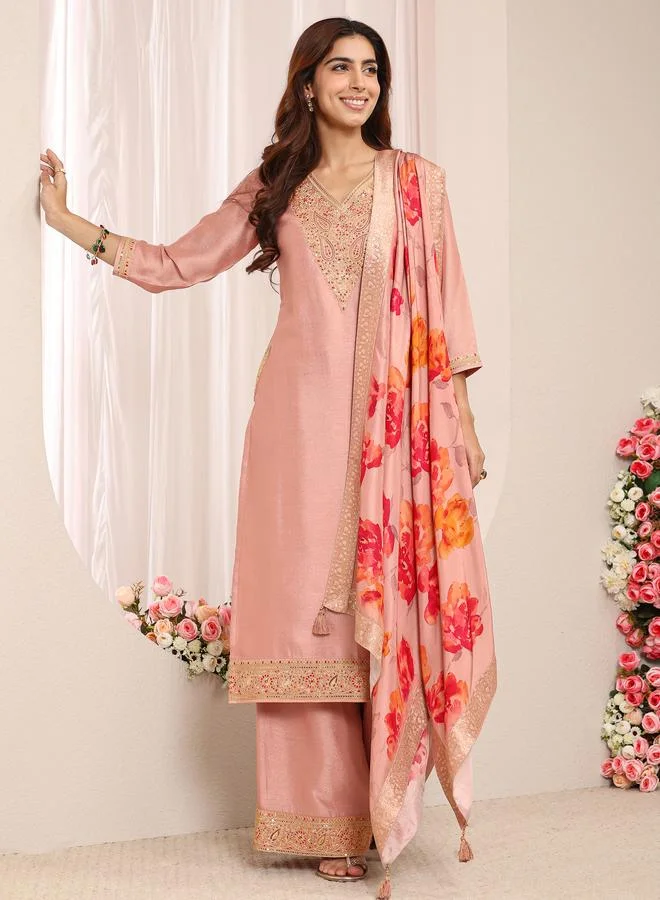 Libas Peach Embroidered Silk Blend Straight Kurta, Palazzo And Dupatta Set