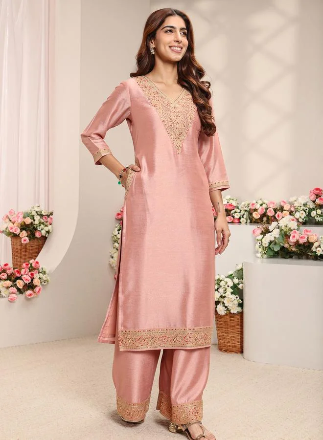 Libas Peach Embroidered Silk Blend Straight Kurta, Palazzo And Dupatta Set