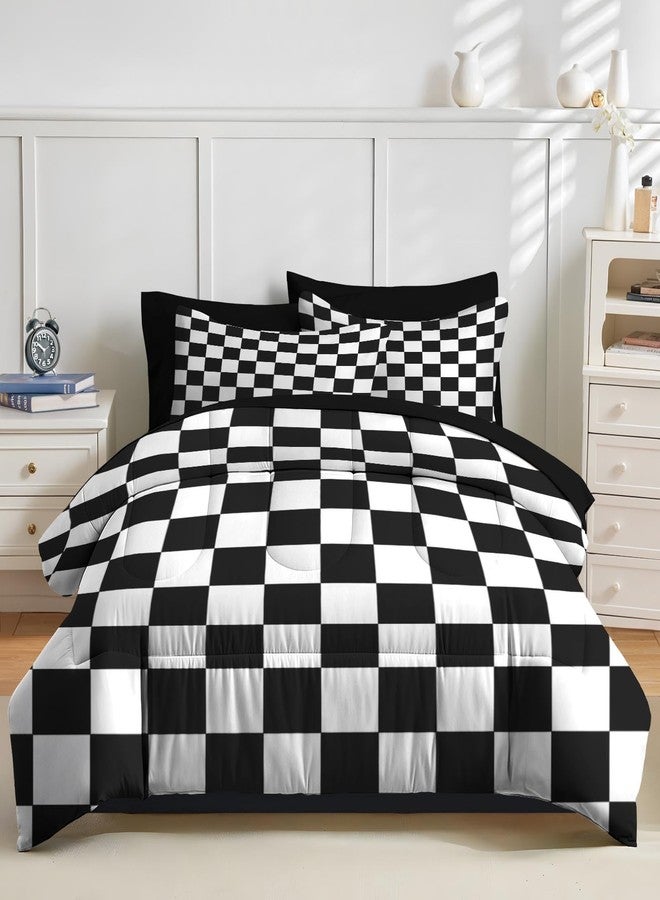 Nesker Comforter Set King Size, Black and White Plaid 7 Pcs Bedding for Kids and Adults, Checkerboard Grid Bed Sheet Sets with Fitted Sheet 2 Pillowcases & 2 Shams - Image 3