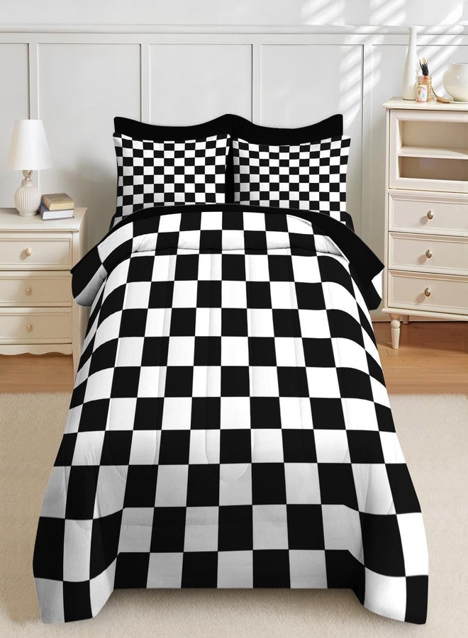 Nesker Comforter Set King Size, Black and White Plaid 7 Pcs Bedding for Kids and Adults, Checkerboard Grid Bed Sheet Sets with Fitted Sheet 2 Pillowcases & 2 Shams - Image 1