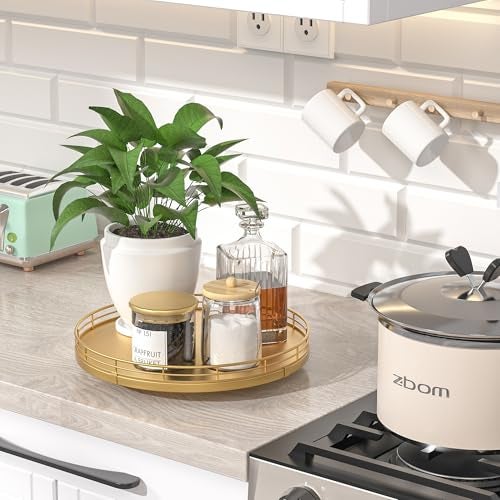Oroyutor 10" Gold Lazy Susan for Table Top, Oak Wood Lazy Susan Turntable Organizer for Dining Coffee Table Centerpiece Bar Decor Kitchen Countertop Bathroom Vanity Decorative Tray for Perfume Jewelry Round - Image 3