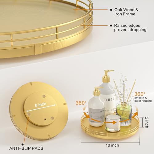 Oroyutor 10" Gold Lazy Susan for Table Top, Oak Wood Lazy Susan Turntable Organizer for Dining Coffee Table Centerpiece Bar Decor Kitchen Countertop Bathroom Vanity Decorative Tray for Perfume Jewelry Round - Image 5