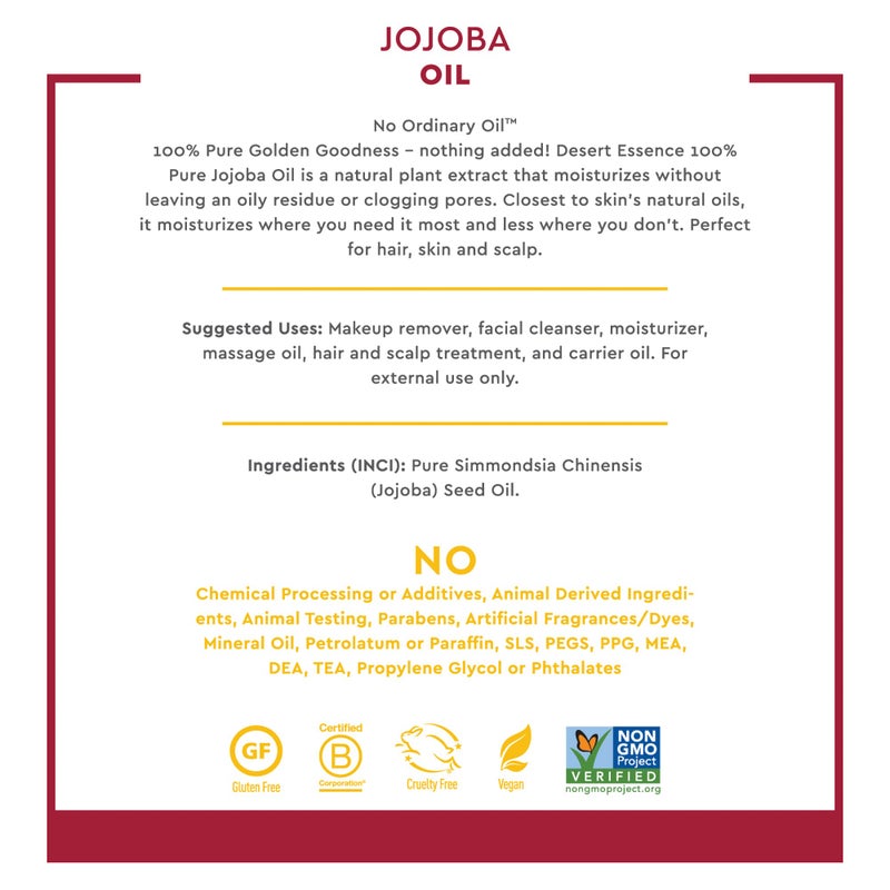 Desert Essence 100% Pure Jojoba Oil - 4 Fl Oz - Pack of 2 - Haircare & Skincare Essential Oil - All Skin Types - No Oily Residue - May Help Prevent Flakiness - Makeup Remover - Aftershave Moisturizer - Image 5