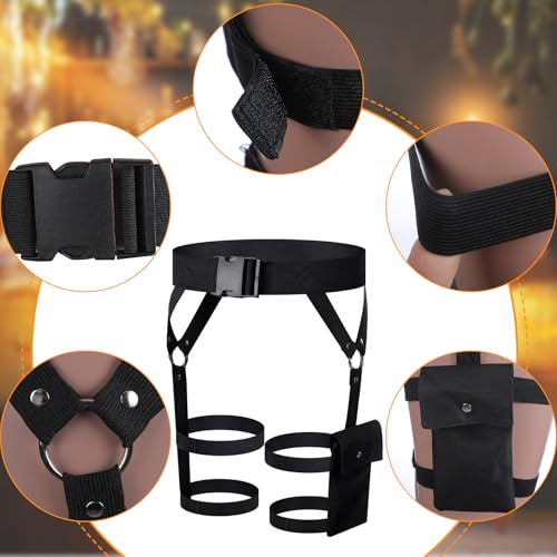 Kathfly 2 Sets Women's Multi Strap Garter and Leather Gloves Halloween Black Utility Goth Belt Costume with Pocket Adjustable Leg Straps for Halloween Party Cosplay Accessory - Image 4