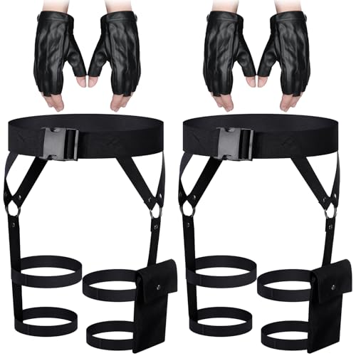 Kathfly 2 Sets Women's Multi Strap Garter and Leather Gloves Halloween Black Utility Goth Belt Costume with Pocket Adjustable Leg Straps for Halloween Party Cosplay Accessory - Image 1